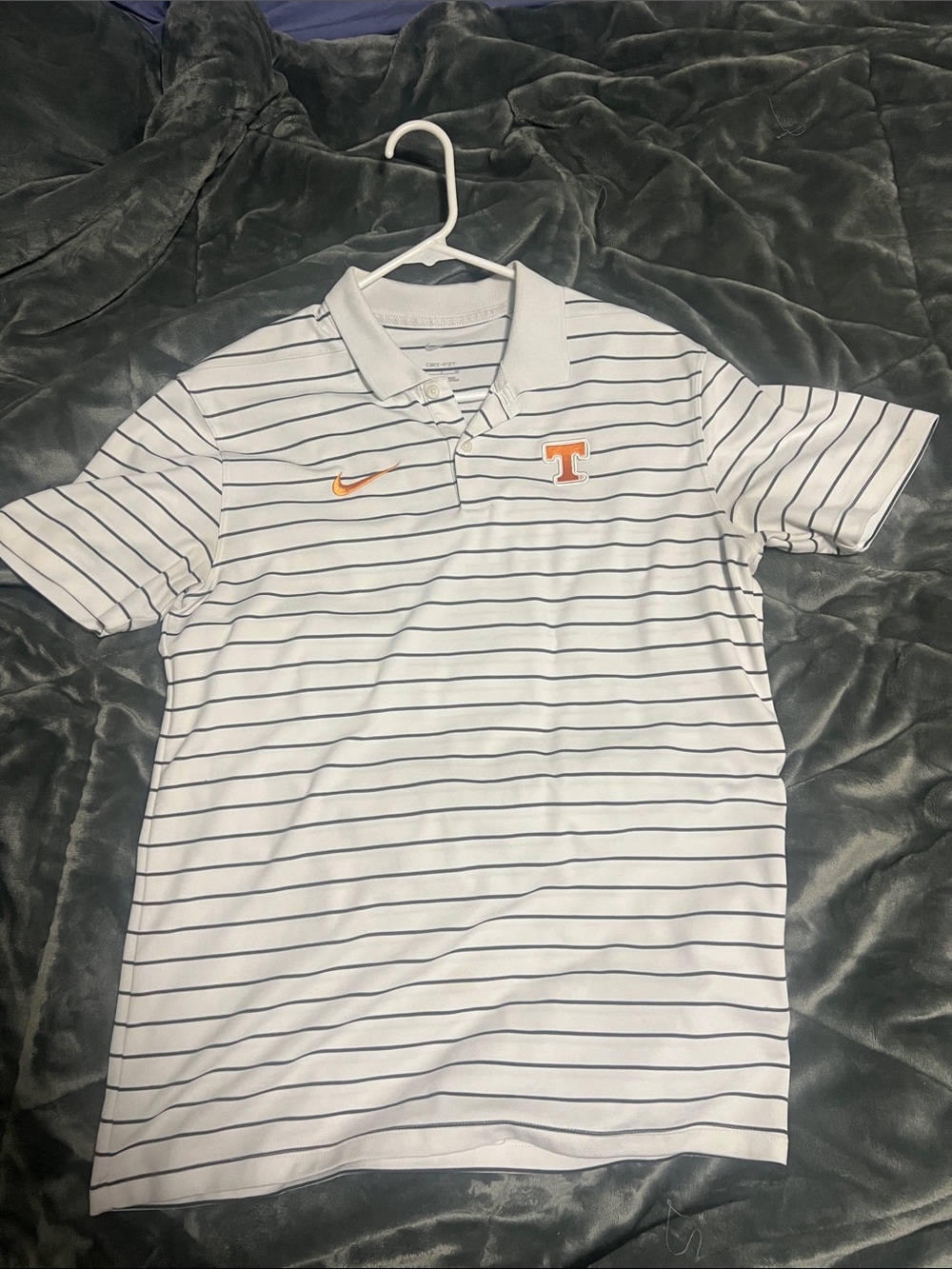 Nike White Polo with Navy Stripes and Orange Logos